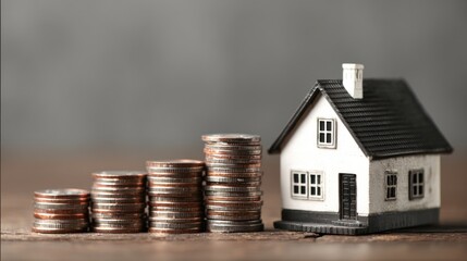 Miniature house next to increasing stacks of metal coins.