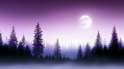 A serene forest landscape under a vibrant purple night sky, illuminated by a large full moon and shrouded in ethereal mist.