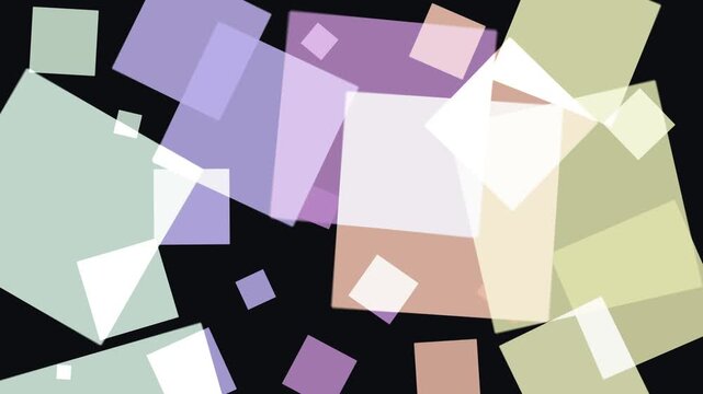 Abstract composition of overlapping translucent squares in pastel colors against a dark background