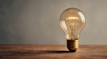 Glowing incandescent light bulb rests on a textured wooden surface.
