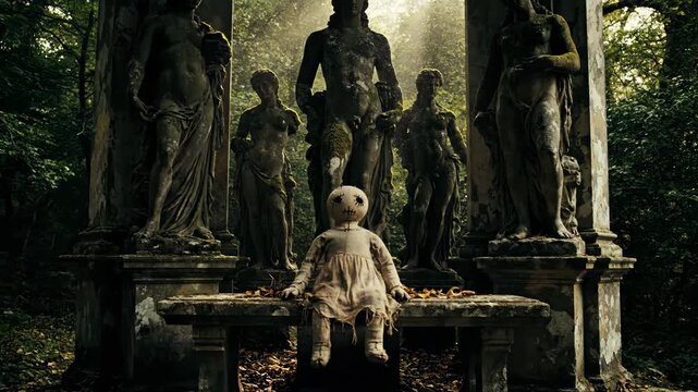 Ancient statues and childlike figure in overgrown garden scene