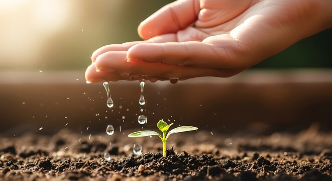 Hand watering a small plant seedling in soil, promoting growth and environmental care