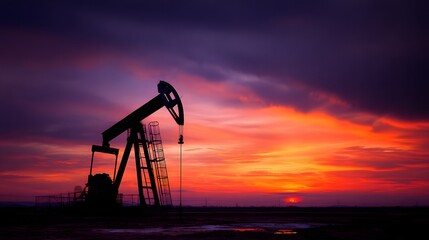 Industrial machinery silhouettes against a deeply colored twilight sky