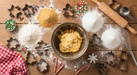 Christmas cookie baking preparation on wooden table with ingredients and tools