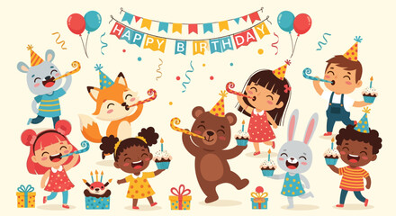 Naklejka premium Cartoon illustration of children and animals celebrating a birthday with decorations and treats.