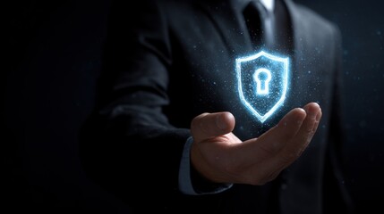 Businessman holds glowing digital shield icon with keyhole over dark background.