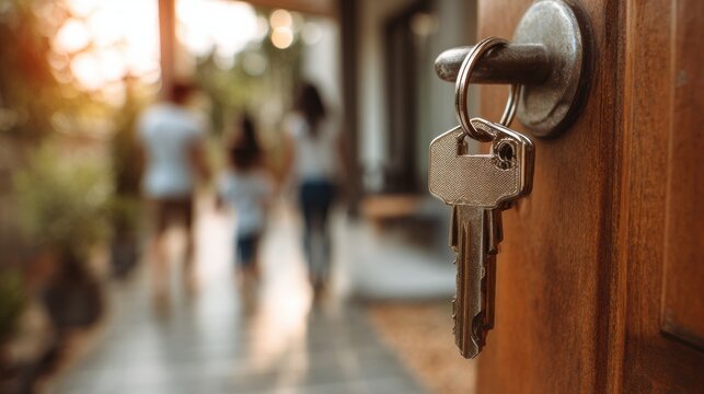 Family Joyfully Enters Their New Home With a Key in the Lock Symbolizing Real Estate Success