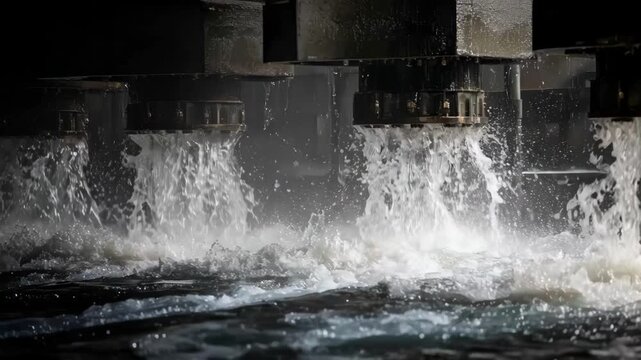 Medium shot focusing on flood water jets covering large mill components showcasing robust cooling techniques to prevent overheating during heavy production.