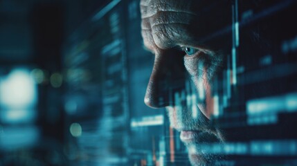 Man's face illuminated by glowing blue digital financial data screen