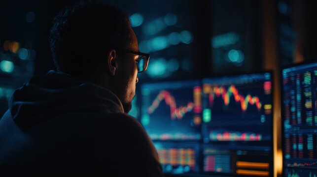 Man watches financial charts on multiple monitors in dark room.