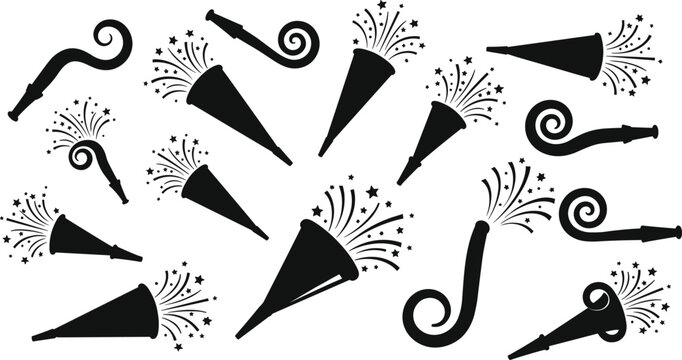Party poppers and blowers with confetti and stars celebration isolated on white background, Vector, illustration