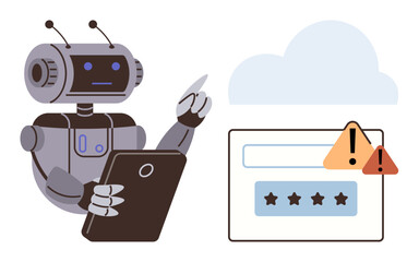 Robot holds tablet, pointing toward password field with warning signs and cloud interface. Ideal for cybersecurity, technology, AI, data security, software errors, risk management, simple flat