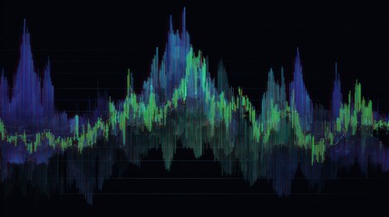 Abstract glowing candlestick chart data visualization on black background.