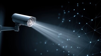 Security camera illuminates dark background with digital network overlay