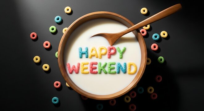 Happy Weekend cereal breakfast in bowl with milk and colorful loops