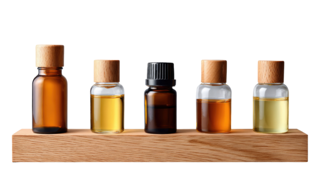 Aromatherapy Essence: A curated collection of essential oil bottles, each containing a unique elixir for holistic well-being, presented on a minimalist wooden display.