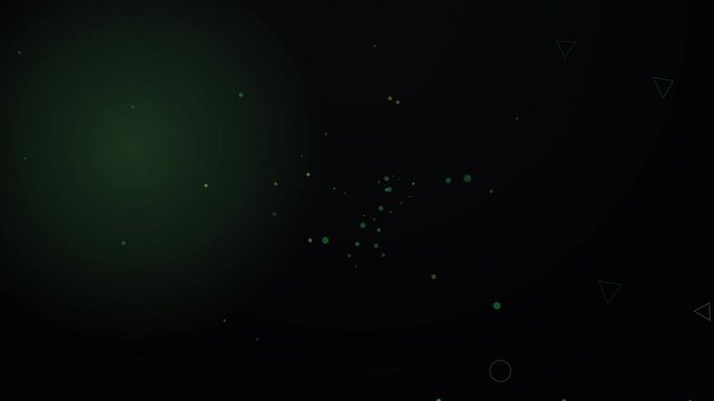 Abstract dark background with scattered green geometric shapes and glowing particles, suggesting a digital or cosmic theme