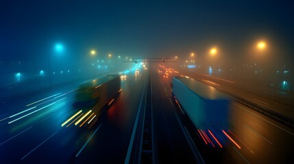 Heavy transport vehicles move quickly along a wet highway shrouded in thick atmospheric moisture at night