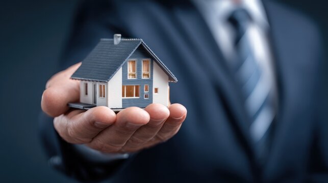 Businessman holding small model house in hand against dark background.