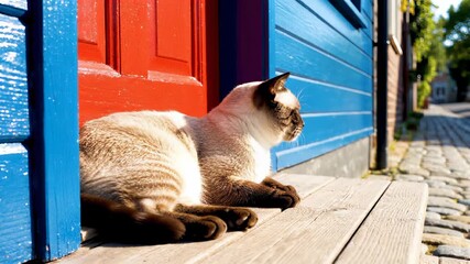 A cat stretches out on a worn wooden bench, blending its fur with the rustic texture to capture the concept of quiet contemplation and relaxation, inviting buyers to tap into the serene.