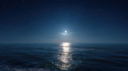Moonlit night sky over dark ocean water horizon