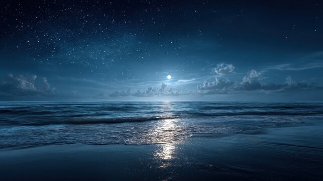Night ocean scene with moonlit waves under a starry sky.