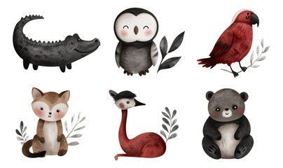 Fototapeta premium Cute Cartoon Animals Collection with Alligator, Owl, Parrot, Fox, Ostrich, and Panda