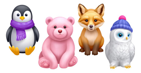 Fototapeta premium Cute Cartoon Animals Collection with Penguin, Bear, Fox and Owl on Transparent Background