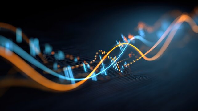 Abstract digital visualization of glowing blue and orange data waves.