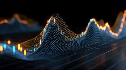 Abstract glowing wireframe graph showing fluctuating data over dark background