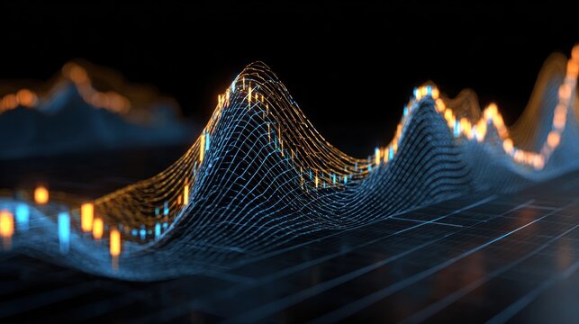 Abstract glowing wireframe graph showing fluctuating data over dark background