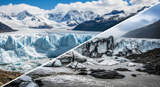 Crisp view of luminous blue icebergs drifting on calm water with towering snowcapped mountains in the background under clear polar light.​
