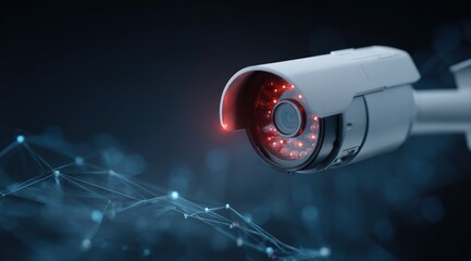 Security camera with infrared lights against dark digital background.