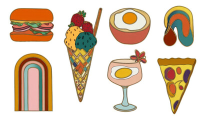 Colorful Food Illustrations Featuring Sandwich, Ice Cream, Egg, and Rainbow Design