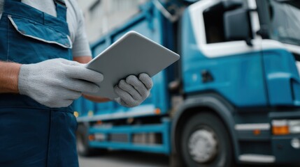 Worker in gloves uses tablet near large blue truck outdoors.