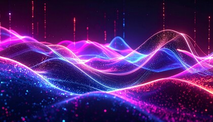 Abstract digital landscape with glowing undulating waves in vibrant colors