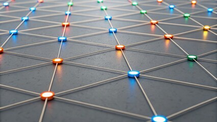 A colorful network of illuminated nodes connected by lines, creating a geometric pattern on a dark surface.
