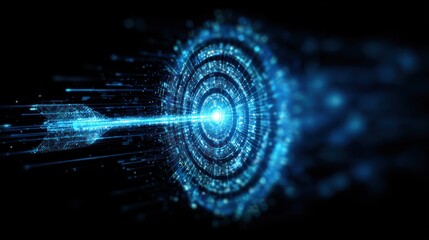 Digital arrow striking a glowing blue abstract target in darkness