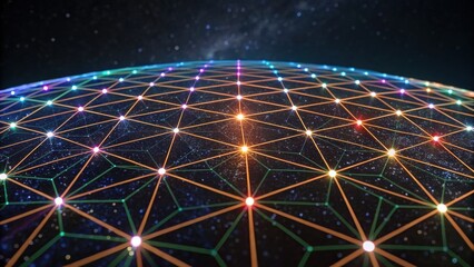 A vibrant, geometric pattern of interconnected lines and nodes, resembling a digital universe filled with stars and colorful lights.