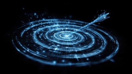 Glowing blue digital arrow hits a concentric target on black background.