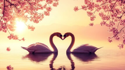 Fototapeta premium graceful swans display affection forming heart shape amidst gentle waters and blossoming tree branches under warm golden sunset hues