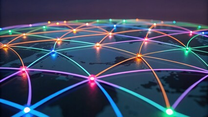 A vibrant, illuminated network of interconnected lines over a globe, symbolizing global connectivity and digital communication.