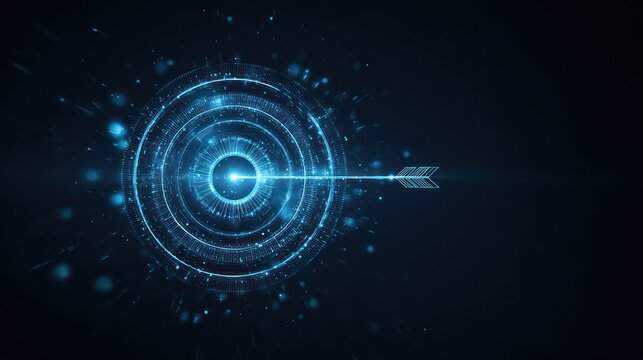 Glowing digital target with an arrow hitting the bullseye center.