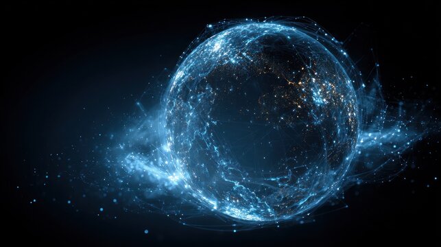 Digital glowing earth sphere with light network connections in darkness.