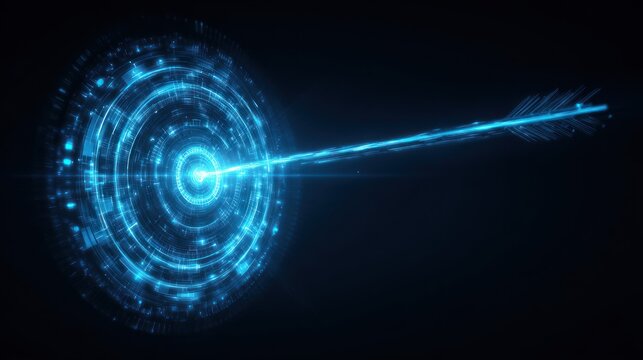 Glowing blue arrow hitting digital target in dark space