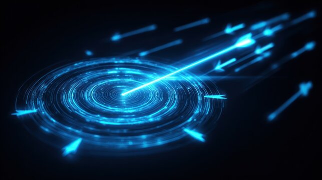 Abstract blue light trails converge on a central target point.