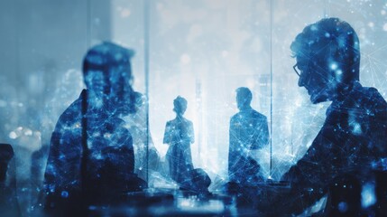 Silhouetted business people overlaid with a digital network graphic.