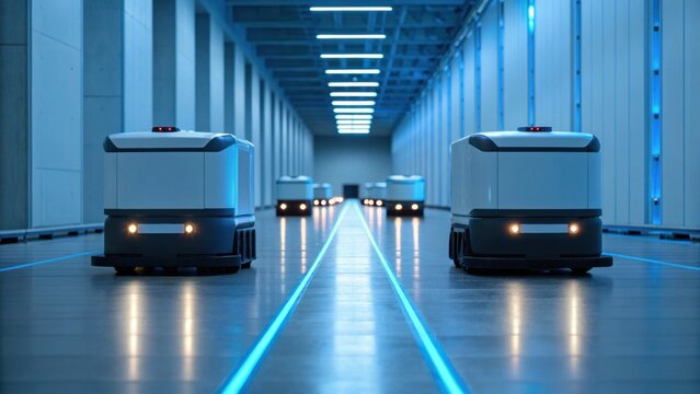 A futuristic scene featuring automated delivery robots in a sleek, blue-lit corridor, emphasizing technology and efficiency in logistics.