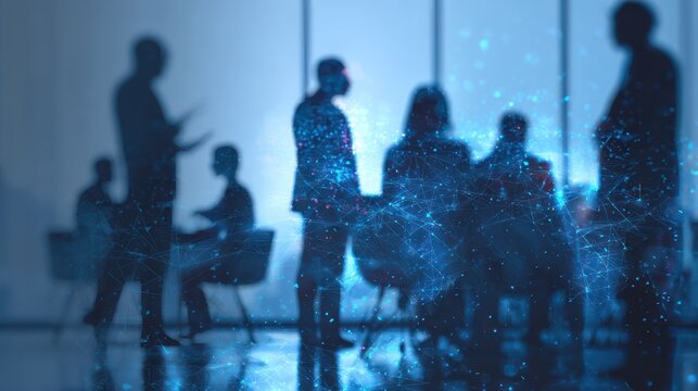 Silhouettes of people in a meeting overlaid with digital network graphics.