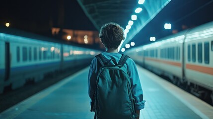 a solitary traveler stands at the platform's edge, bathed in the blue glow of the late night, awaiting an uncertain destination and feeling anticipation